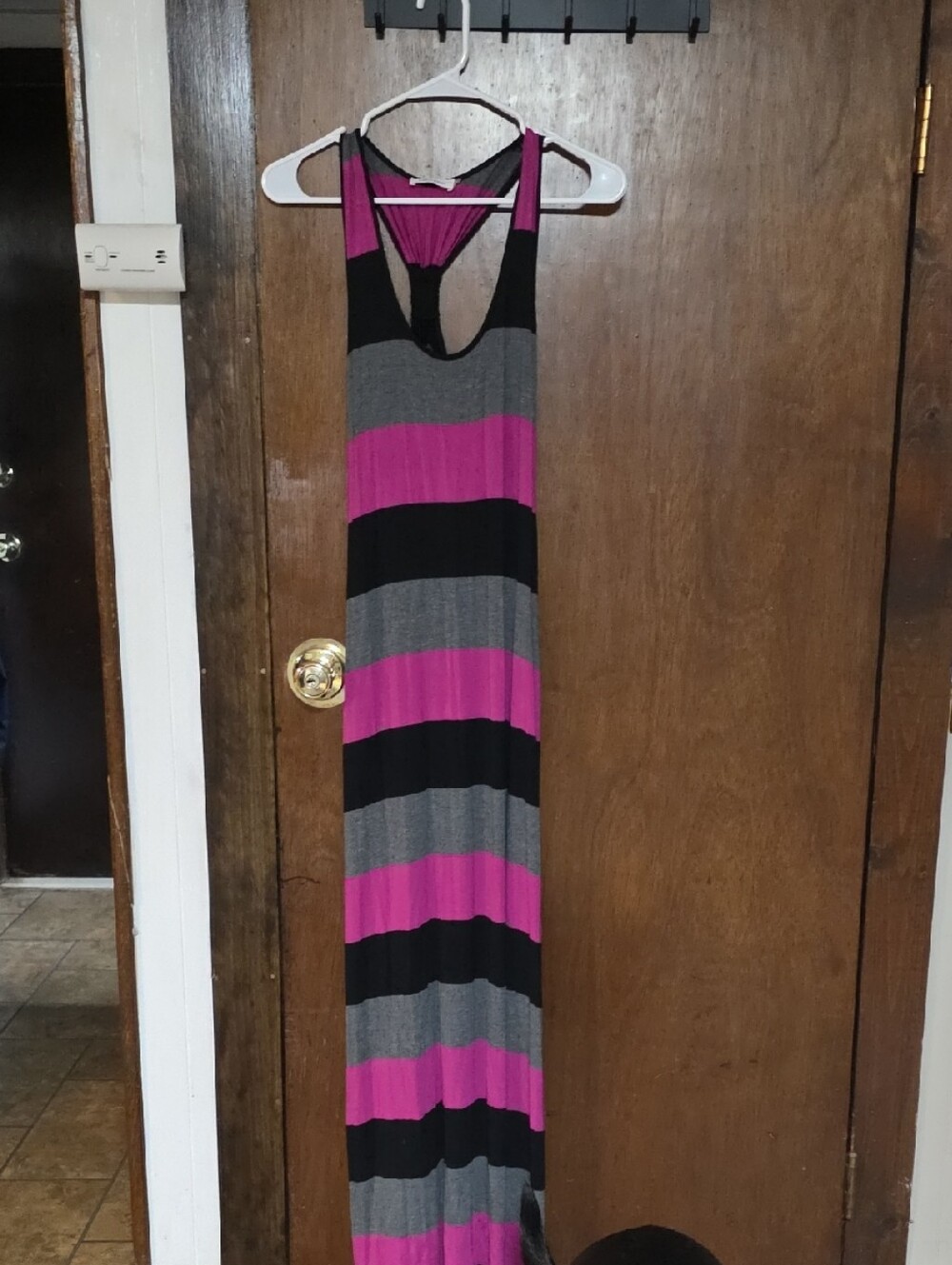 Calvin Klein Striped Racerback Maxi Dress in Pink, Black & Gray
